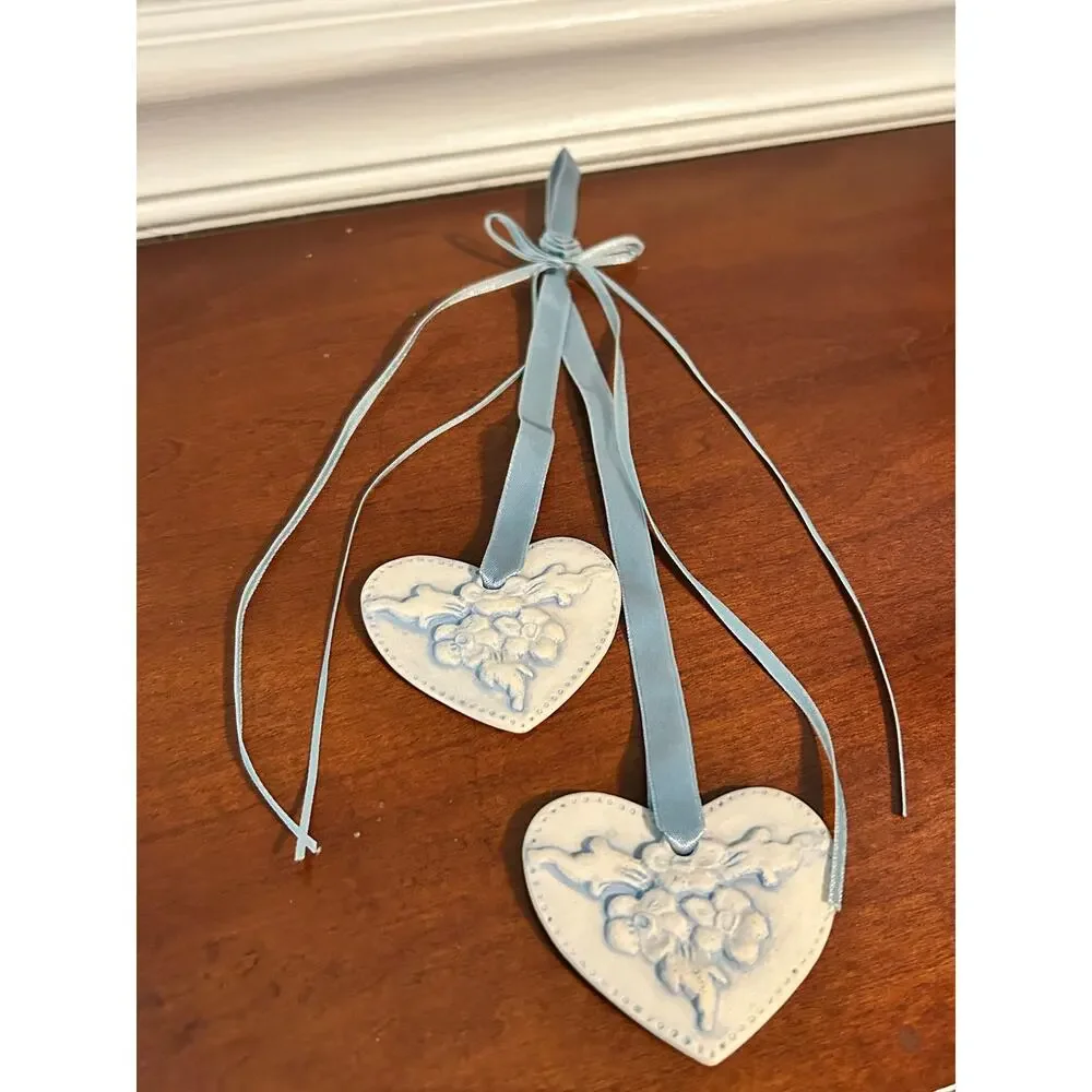 Blue Floral Clay Heart Hanging Ornament Ribbon Decor Handcrafted